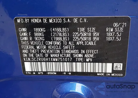 2021 Honda Hr-V Awd Sport z USA, uszkodzony, nr VIN 3CZRU6H1XMM751017